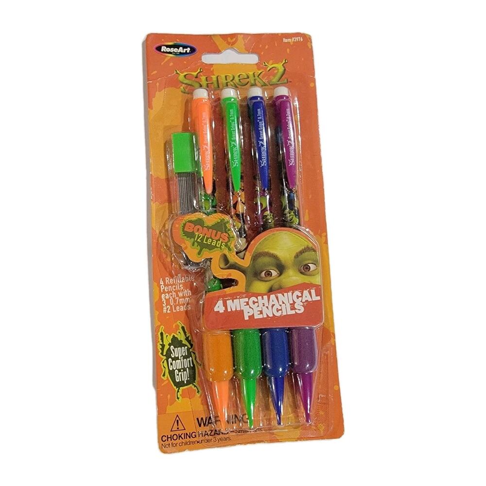 2004 Rose Art Shrek 2 Mechanical Pencils 4 Pack With Exta Lead New Vtg NOS